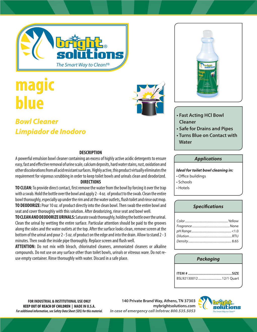 Magic Blue • Fast Acting Hcl Bowl Bowl Cleaner Cleaner • Safe for Drains and Pipes Limpiador De Inodoro • Turns Blue on Contact with Water