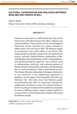 CULTURAL Cooperation and DIALOGUE Between Muslims and Hindus in Bali