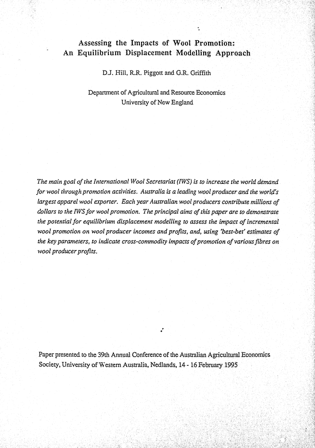 Assessing the Impacts of Wool Promotion: an Equilibrium Displacement Modelling Approach