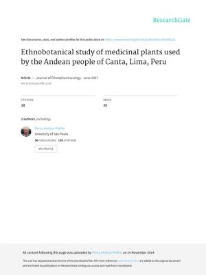Ethnobotanical Study of Medicinal Plants Used by the Andean People of Canta, Lima, Peru