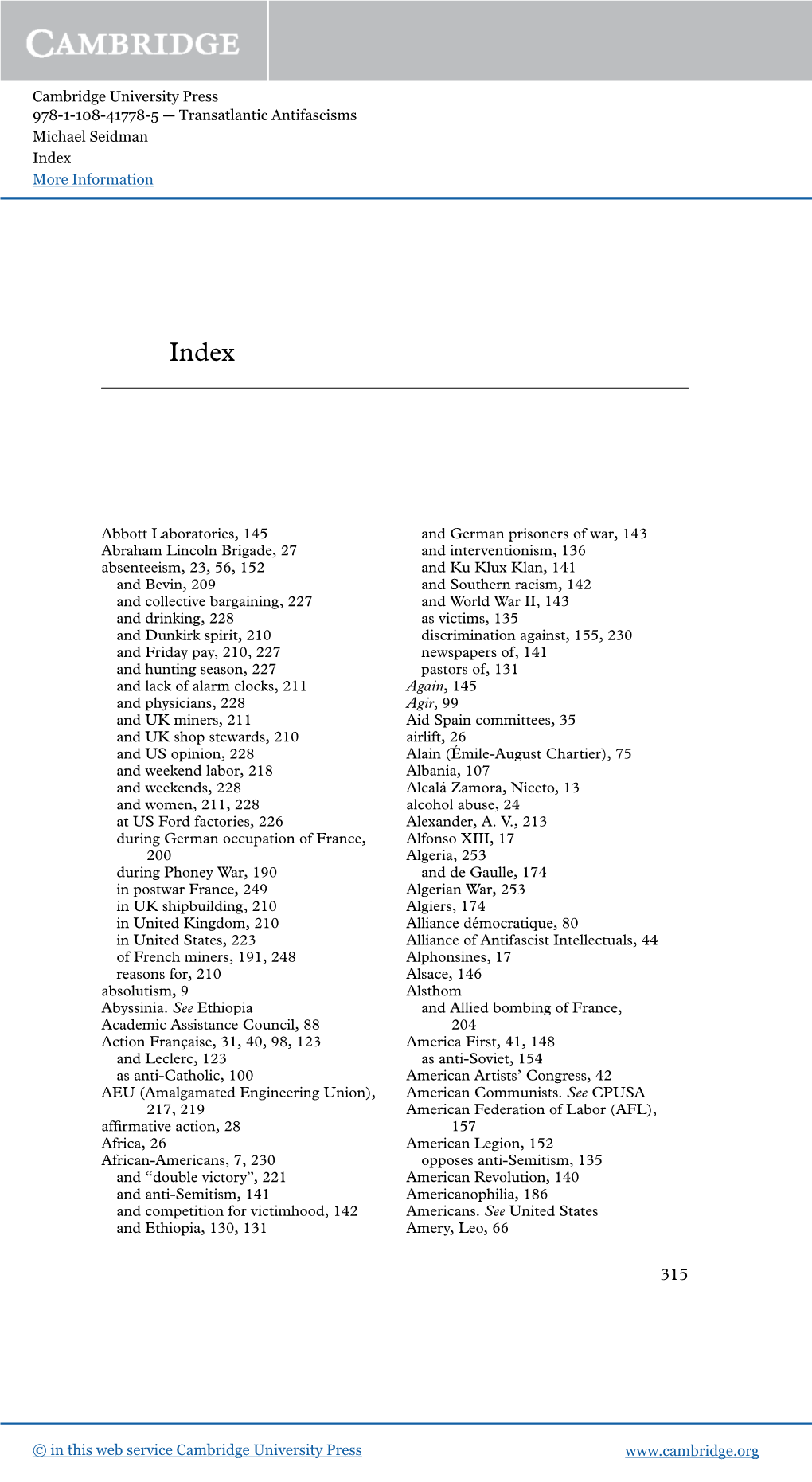 Transatlantic Antifascisms Michael Seidman Index More Information