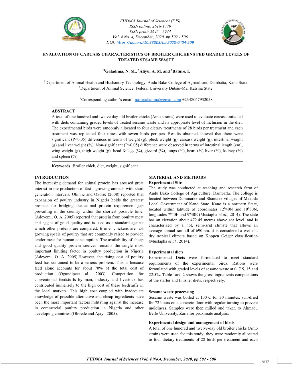 EVALUATION of CARCASS … Galadima, Aliyu and Bature FJS