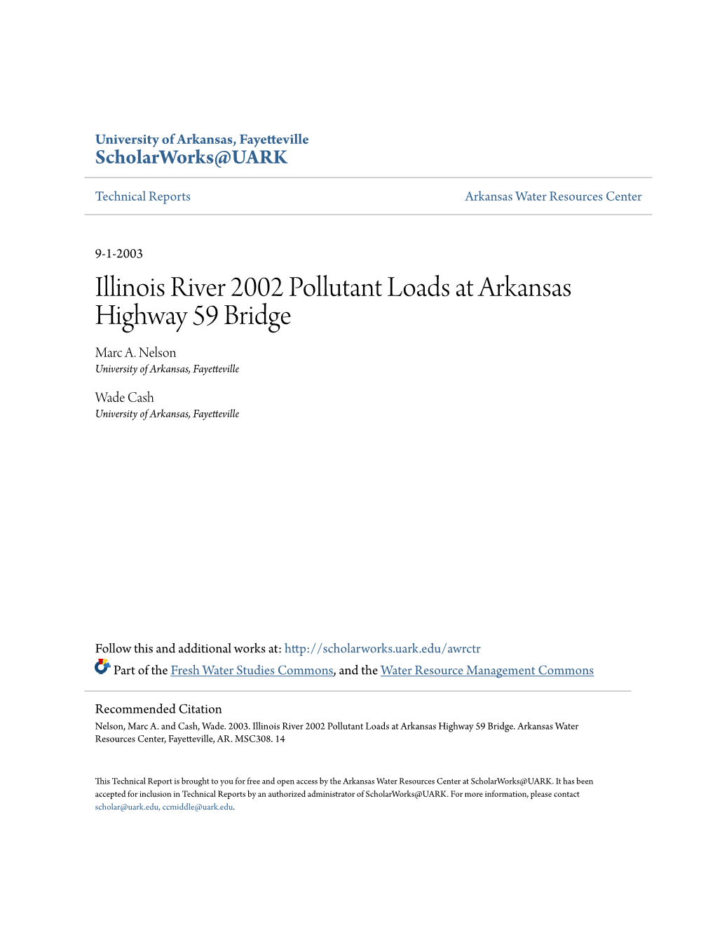 Illinois River 2002 Pollutant Loads at Arkansas Highway 59 Bridge Marc A