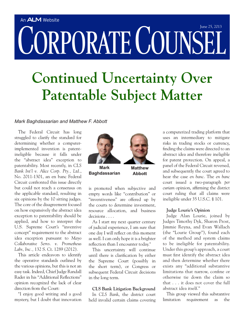 Corporate Counsel: Continued Uncertainty Over Patentable