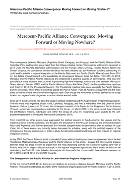 Mercosur-Pacific Alliance Convergence: Moving Forward Or Moving Nowhere? Written by Julia Borba Goncalves