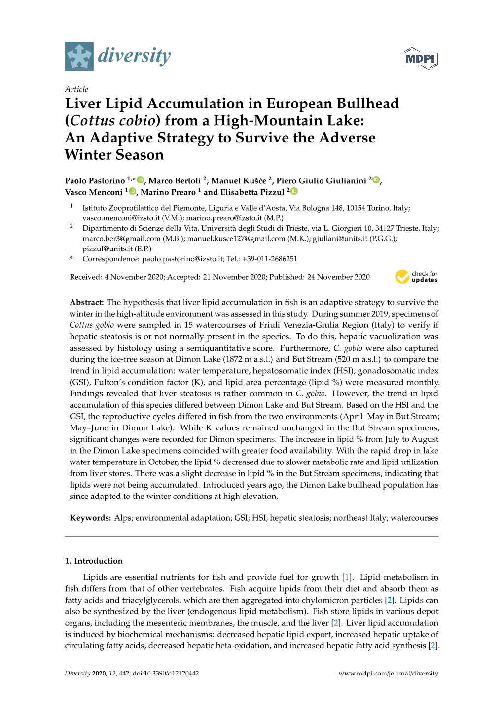 Liver Lipid Accumulation in European Bullhead (Cottus Cobio) from a High-Mountain Lake: an Adaptive Strategy to Survive the Adverse Winter Season