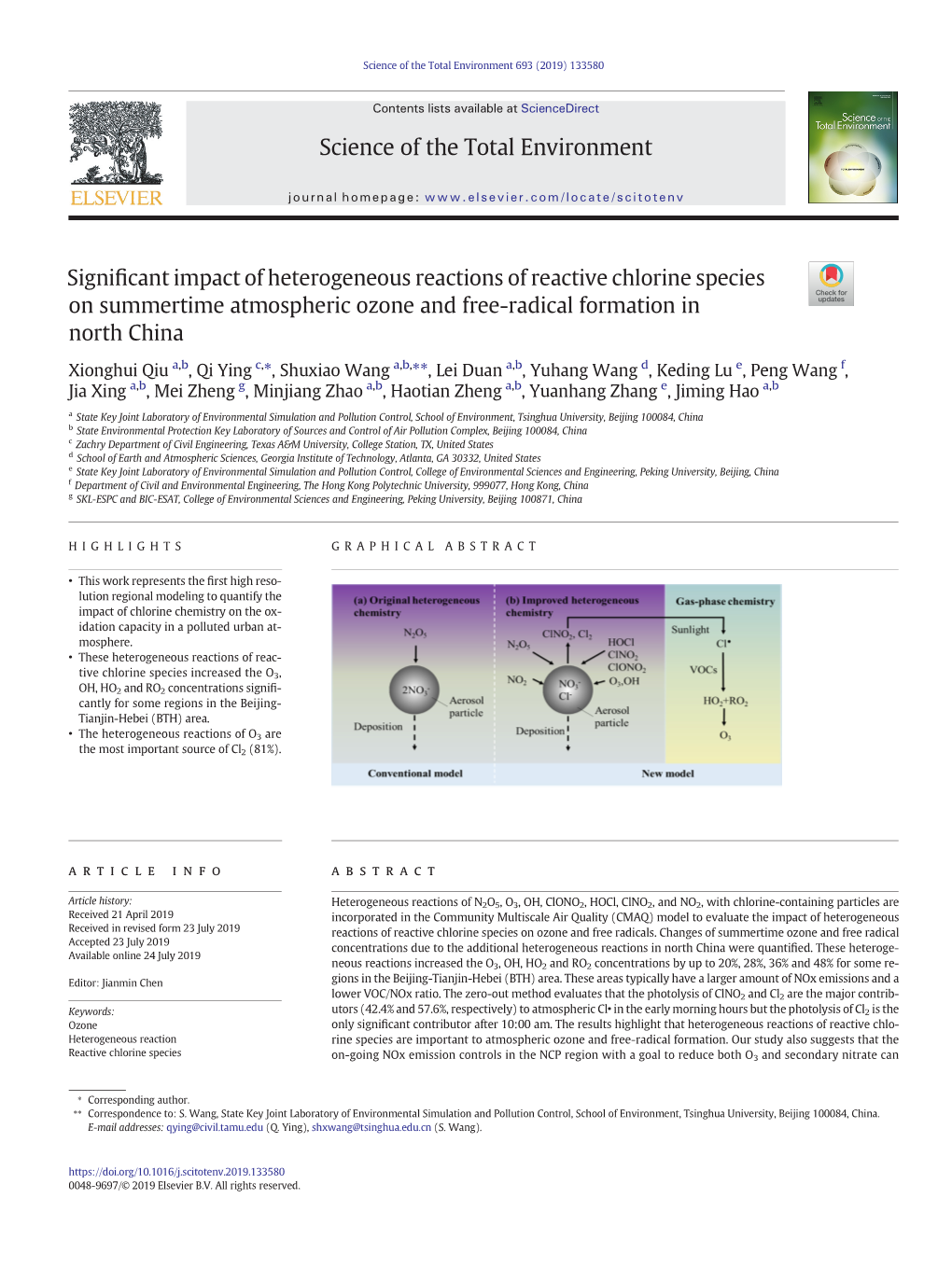 Significant Impact of Heterogeneous Reactions of Reactive Chlorine Species on Summertime Atmospheric Ozone and Free-Radical Form