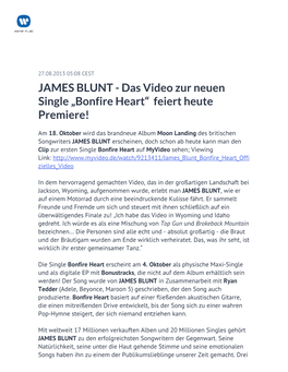 JAMES BLUNT - Das Video Zur Neuen Single „Bonfire Heart“ Feiert Heute Premiere!