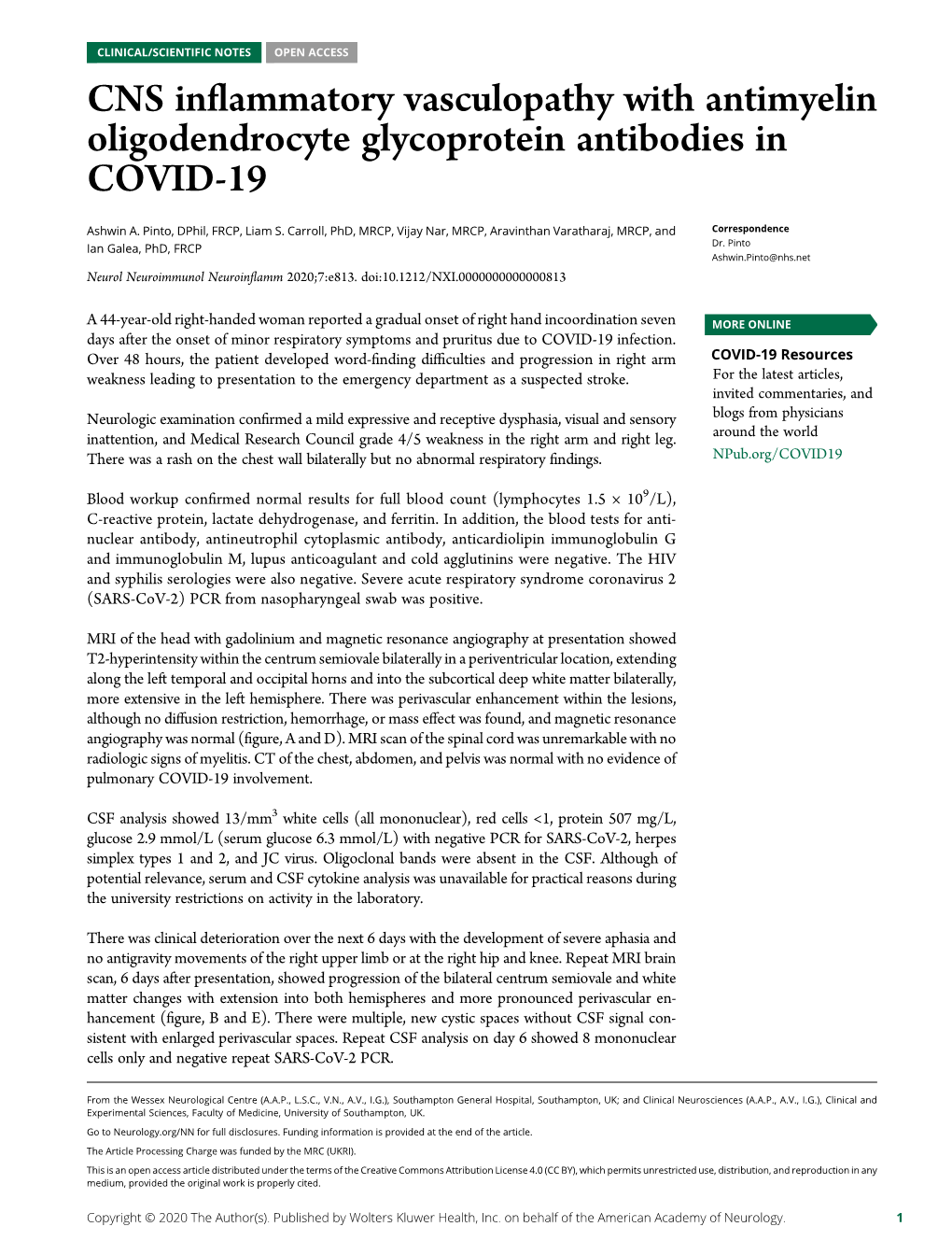 CNS Inflammatory Vasculopathy with Antimyelin Oligodendrocyte Glycoprotein Antibodies in COVID-19