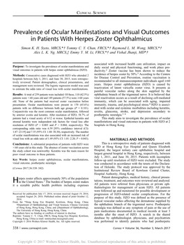 Prevalence of Ocular Manifestations and Visual Outcomes in Patients with Herpes Zoster Ophthalmicus