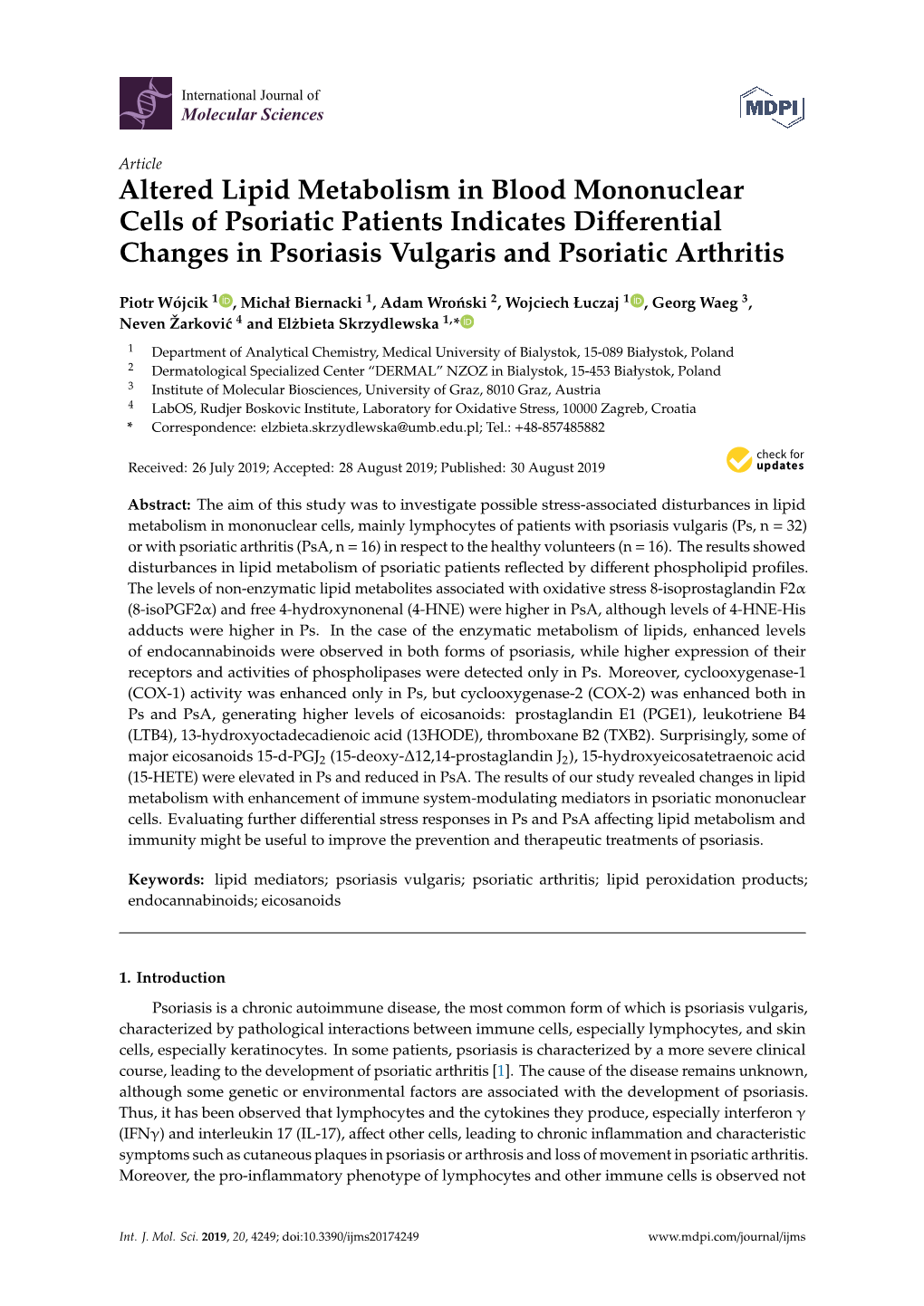 Altered Lipid Metabolism in Blood Mononuclear Cells of Psoriatic Patients Indicates Diﬀerential Changes in Psoriasis Vulgaris and Psoriatic Arthritis