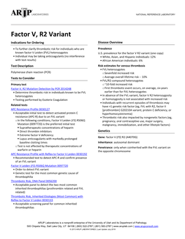 Factor V, R2 Variant Indications for Ordering Disease Overview