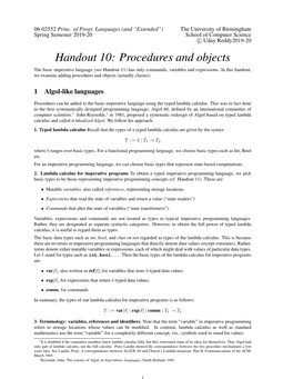 Handout 10: Procedures and Objects the Basic Imperative Language (See Handout 11) Has Only Commands, Variables and Expressions