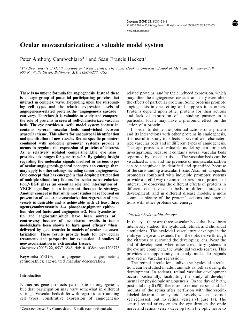 Ocular Neovascularization: a Valuable Model System