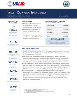 Iraq - Complex Emergency Fact Sheet #4, Fiscal Year (Fy) 2014 September 5, 2014