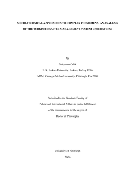 AN ANALYSIS of the TURKISH DISASTER MANAGEMENT SYSTEM UNDER STRESS University O