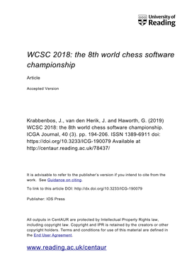 WCSC 2018: the 8Th World Chess Software Championship