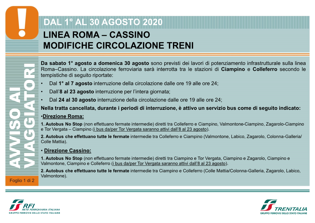 Dal 1° Al 30 Agosto 2020 Linea Roma – Cassino Modifiche Circolazione Treni