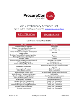 2017 Preliminary Attendee List April 10-12, 2017 ● Hyatt Regency Toronto, on ● Procureconca.Wbresearch.Com