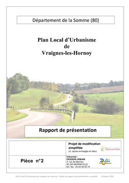 Rapport De Présentation Plan Local D'urbanisme De Vraignes-Les-Hornoy