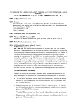 MINUTES of the MEETING of ASTON TIRROLD and ASTON UPTHORPE PARISH COUNCIL HELD on MONDAY 18Th JANUARY 2021 by ZOOM CONFERENCE CALL