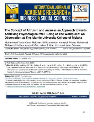 The Concept of Altruism and Ihsan As an Approach Towards Achieving Psychological Well-Being at the Workplace: an Observation At