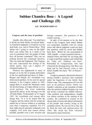 Subhas Chandra Bose : a Legend and Challenge (II)