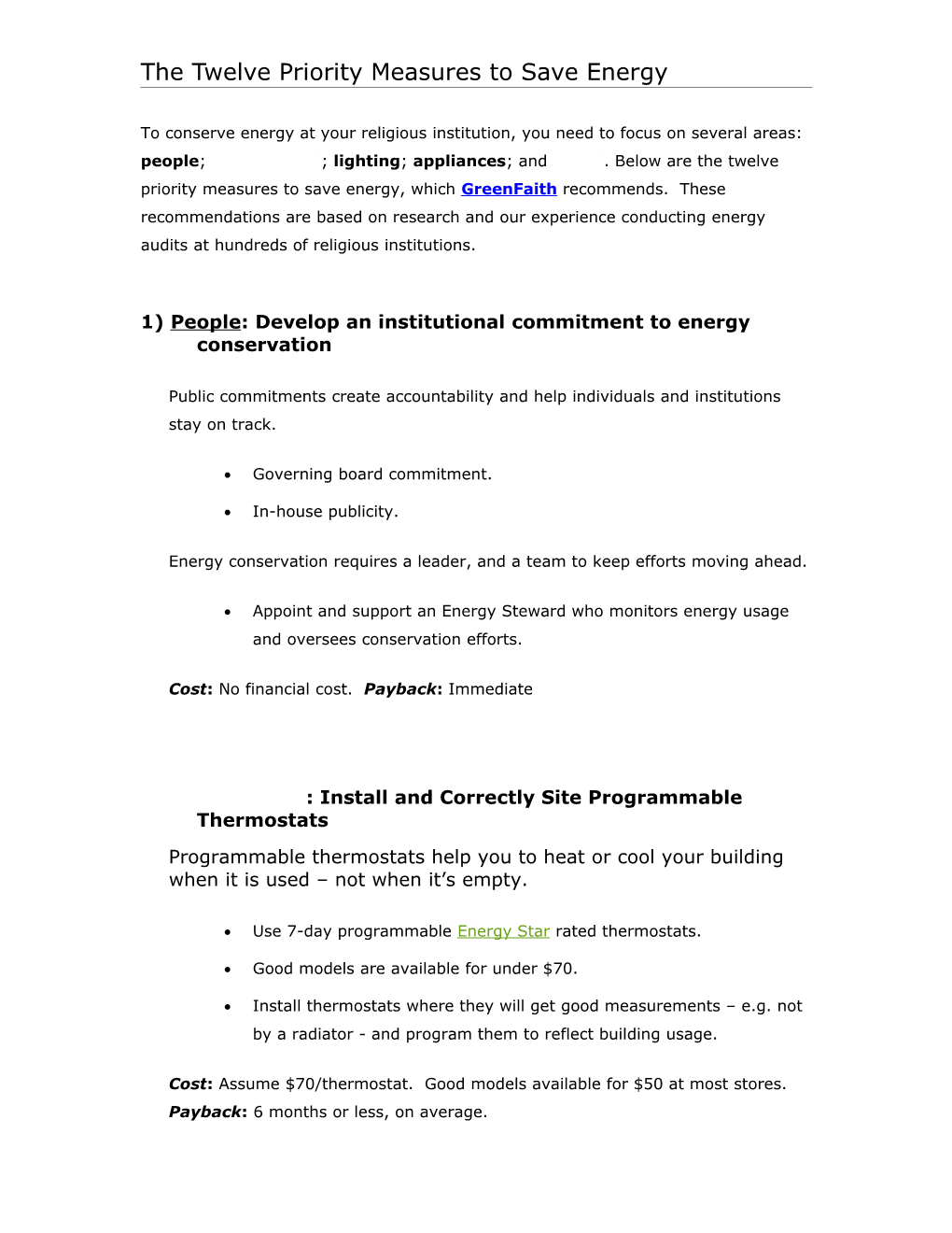 The Twelve Priority Measures to Save Energy