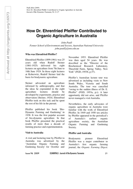 How Dr. Ehrenfried Pfeiffer Contributed to Organic Agriculture in Australia Journal of Bio-Dynamics Tasmania, 96: 21-27