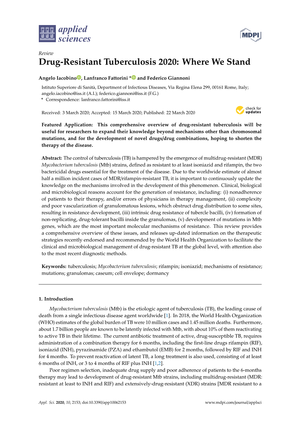 Drug-Resistant Tuberculosis 2020: Where We Stand