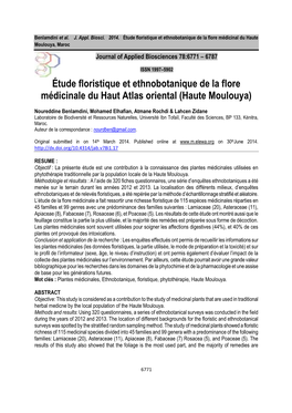 Étude Floristique Et Ethnobotanique De La Flore Médicinale Du Haut Atlas Oriental (Haute Moulouya)