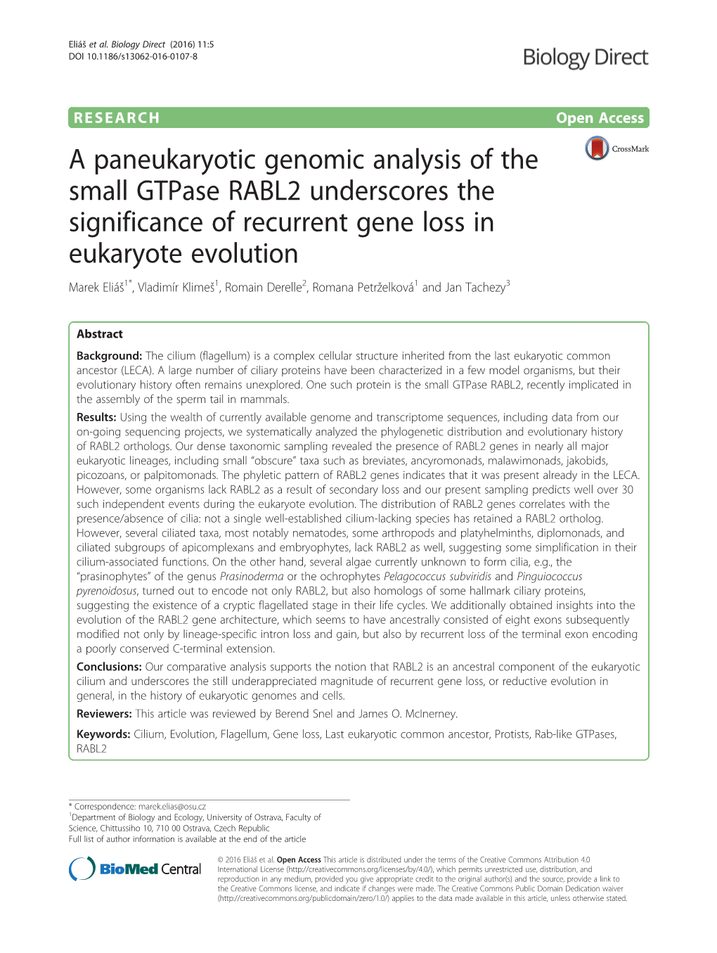 A Paneukaryotic Genomic Analysis of the Small Gtpase RABL2