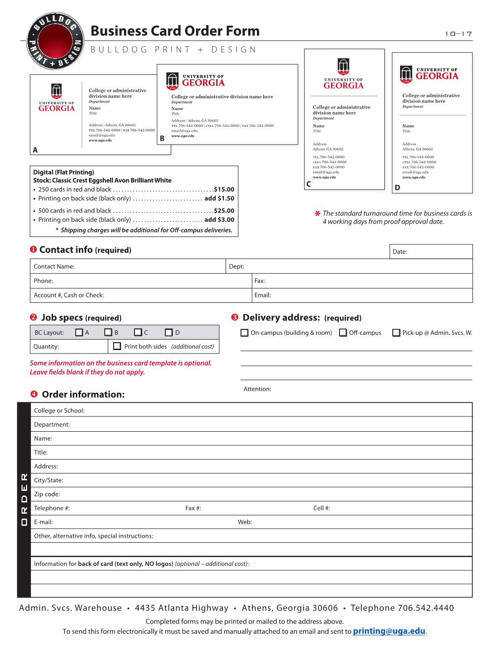 Business Card Order Form 10–17 BULLDOG PRINT + DESIGN