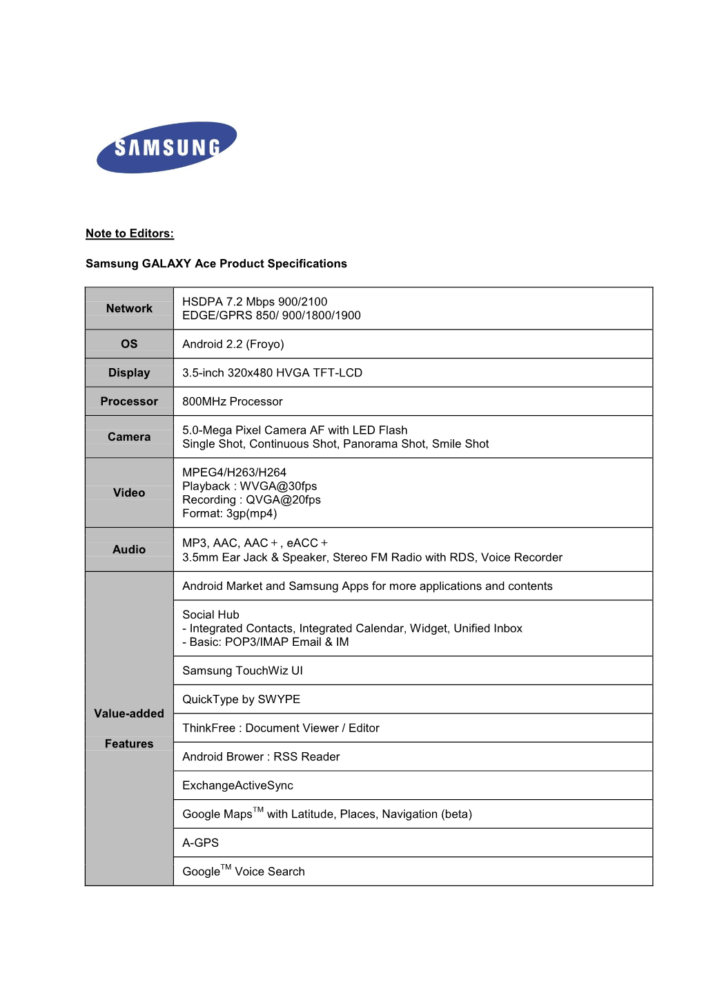 Note to Editors: Samsung GALAXY Ace Product Specifications Network