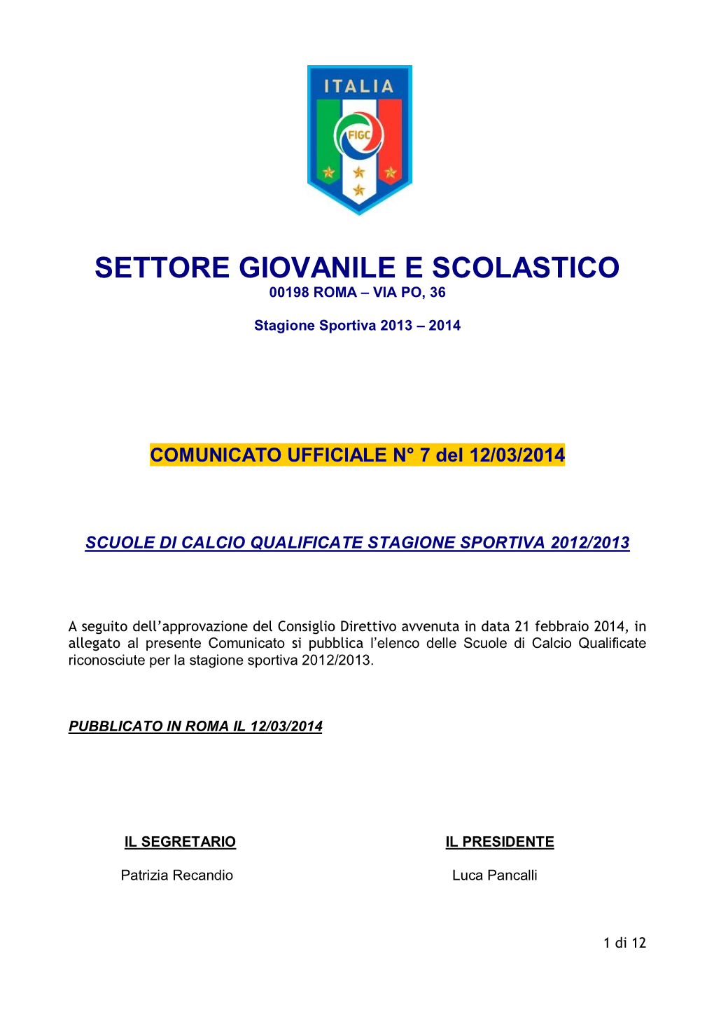 Riconoscimento Scuole Di Calcio Qualificate Stagione Sportiva