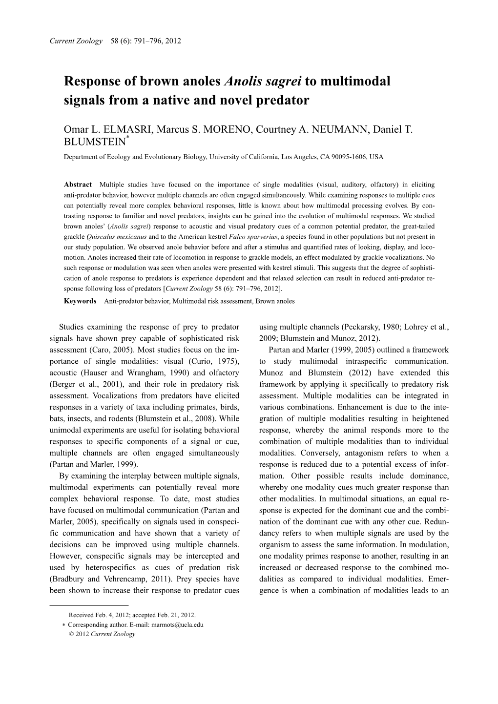 Response of Brown Anoles Anolis Sagrei to Multimodal Signals from a Native and Novel Predator