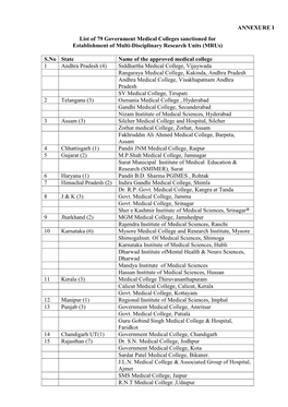 ANNEXURE I List of 79 Government Medical Colleges Sanctioned For