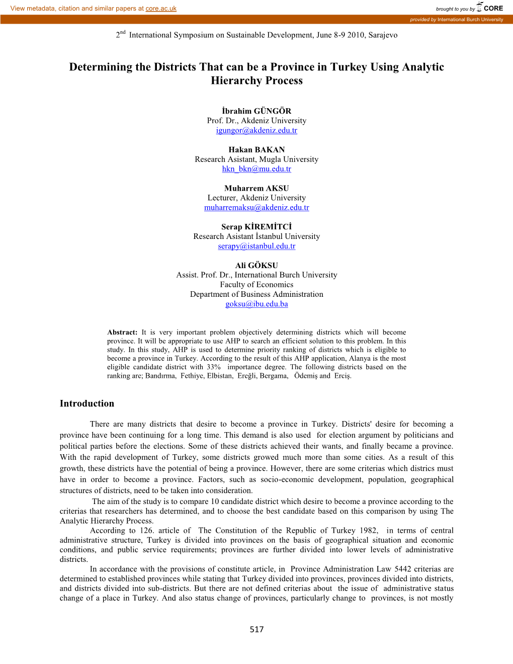 Determining the Districts That Can Be a Province in Turkey Using Analytic Hierarchy Process