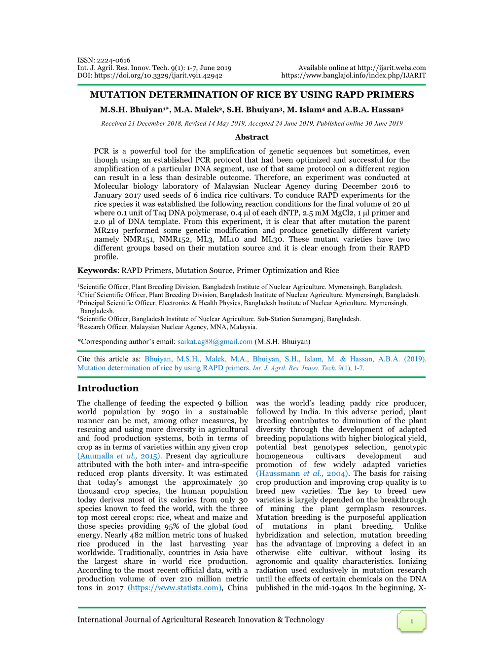 Mutation Determination of Rice by Using Rapd Primers