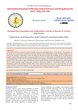 Essential Oil Composition and Antibacterial Activity of Flowers of Achillea Filipendulina