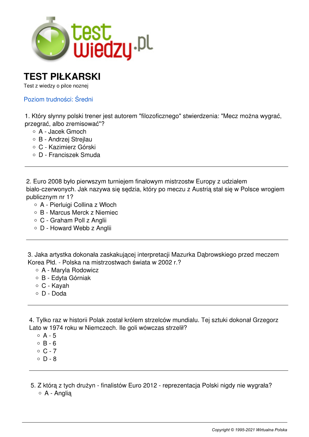 TEST PIŁKARSKI Test Z Wiedzy O Pilce Noznej