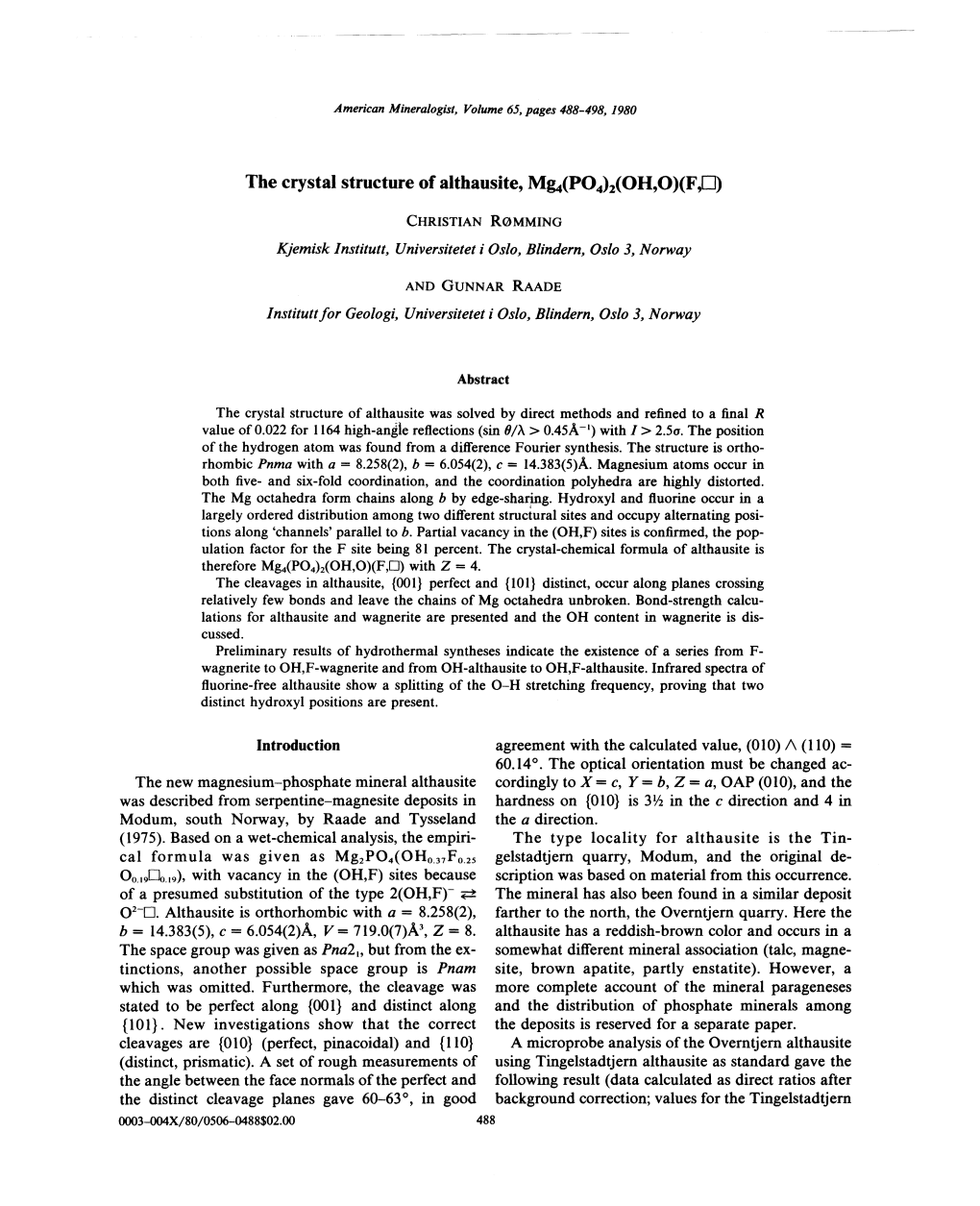 The Crystal Structure of Althausite, Mg.(P04)2(OH,O)(F,D)