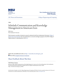 Scholarly Communication and Knowledge Management in American Zoos Julia Innes Nova Southeastern University