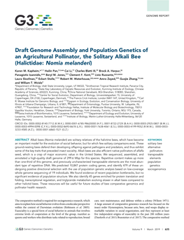 Draft Genome Assembly and Population Genetics of an Agricultural Pollinator, the Solitary Alkali Bee (Halictidae: Nomia Melanderi)