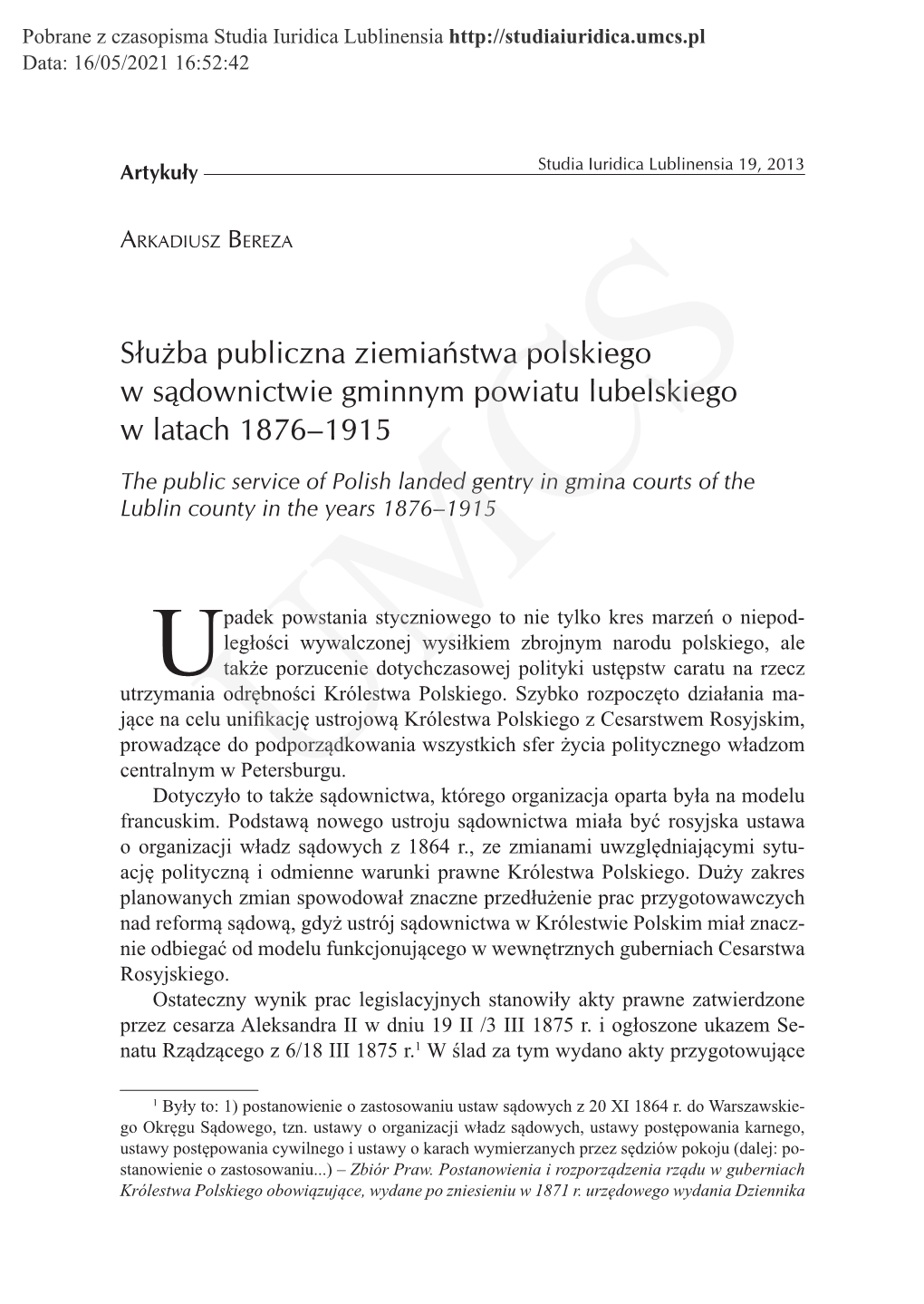 Służba Publiczna Ziemiaństwa Polskiego W Sądownictwie Gminnym Powiatu Lubelskiego W Latach 1876–1915