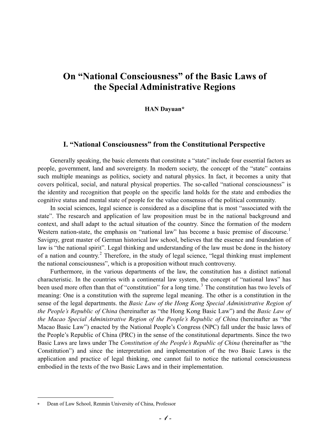 On “National Consciousness” of the Basic Laws of the Special Administrative Regions