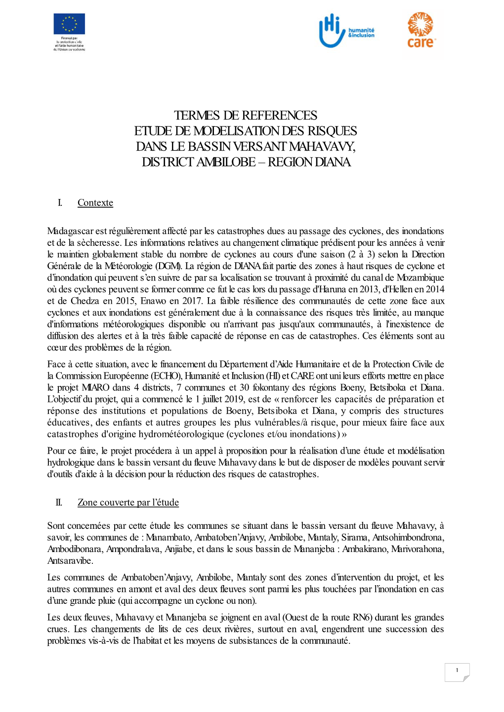 Termes De References Etude De Modelisation Des Risques Dans Le Bassin Versant Mahavavy, District Ambilobe – Region Diana