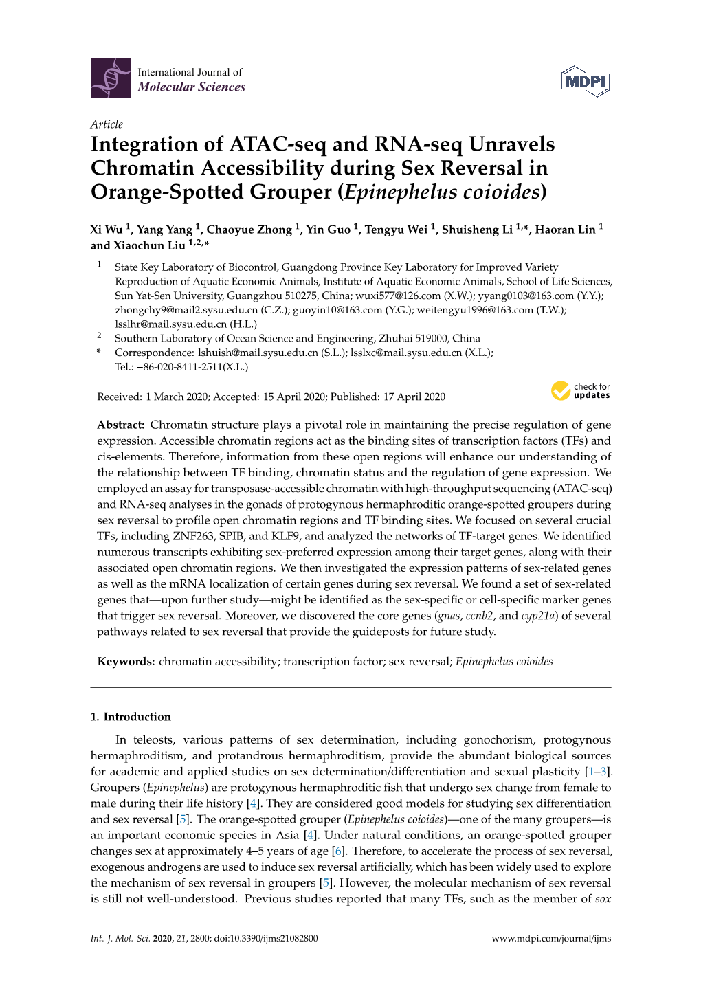 Integration of ATAC-Seq and RNA-Seq Unravels Chromatin Accessibility During Sex Reversal in Orange-Spotted Grouper (Epinephelus Coioides)