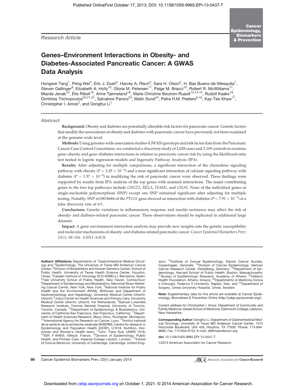 And Diabetes-Associated Pancreatic Cancer: a GWAS Data Analysis