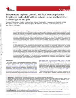 Temperature Regimes, Growth, and Food Consumption for Female and Male Adult Walleye in Lake Huron and Lake Erie: a Bioenergetics Analysis Charles P